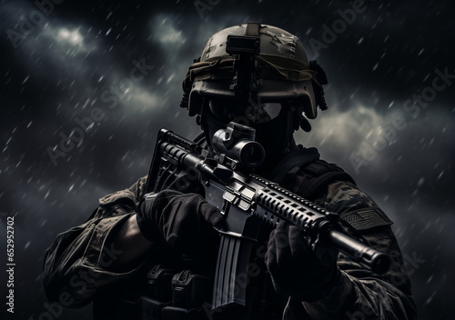 Army soldier in Combat Uniforms with assault rifle, plate carrier and combat helmet are on, Shemagh Kufiya scarf on his neck. Studio shot, dark background photo