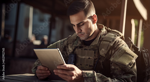 Soldier in uniform analyze data on a tablet and work out tactics at a temporary base. Programming control with artificial intelligence, online coordination of the military team photo