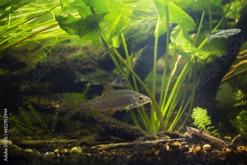 common roach and Eurasian ruffe in European river planted biotope aquarium  wild freshwater omnivore fish  LED low light mood  elodea and yellow water-lily aquatic plant vegetation  shallow dof