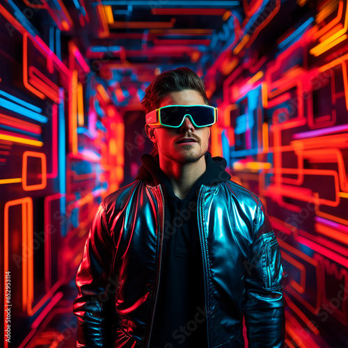Man in virtual glasses, photo, neon background