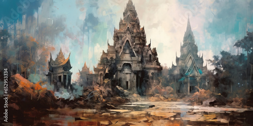 abstract art of empty old Ruins of a Thai temple ,illustration painting © Krisana