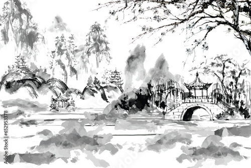 Watercolor painting, painted in Sumie style, a pavilion in the middle of a valley.