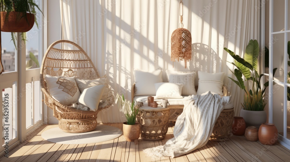 Real photo of relaxing boho zone in home. Wooden floor on terrace with comfy furniture and green plants. Decoration concept. Sunny summer day. - obrazy, fototapety, plakaty 