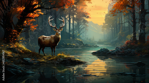 Beautiful deer in the forest with river