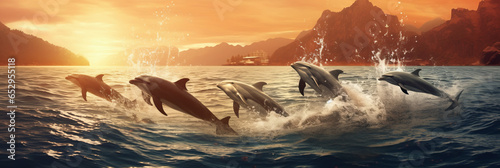 photograph of Dolphins jumping out of the water poster with copy. © Krisana