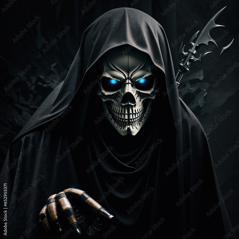 haunting image of the Grim Reaper emerging from a dark abyss, reaching ominously towards the viewer. Ideal for creating a fear-inducing atmosphere for Halloween-themed designs and projects, scary haunting image of the Grim Reaper emerging from a dark abyss, reaching ominously towards the viewer. Ideal for creating a fear-inducing atmosphere for Halloween-themed designs and projects, scary