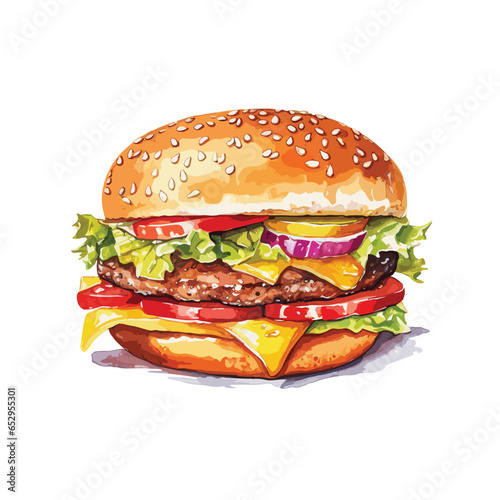 Watercolor Fresh tasty burger. Watercolor hand drawn illustration, isolated on white background, vector. illustration