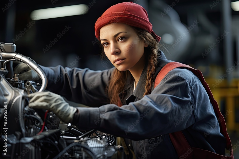 Close-up of a Caucasian young woman works in a car production line. She checks the operation of the units and the contacts of the electrical system of the engine.