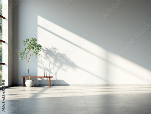 Interior of living room with white walls, tiled floor, wooden bench and plant in pot. Generative AI