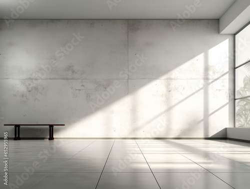 Empty room with white wall and wooden bench. Generative AI © Who is Danny