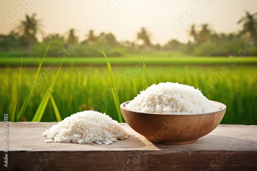 In this image, you can see a bowl of rice placed on a wooden table against the backdrop of a beautiful Thai rice field.Generative AI