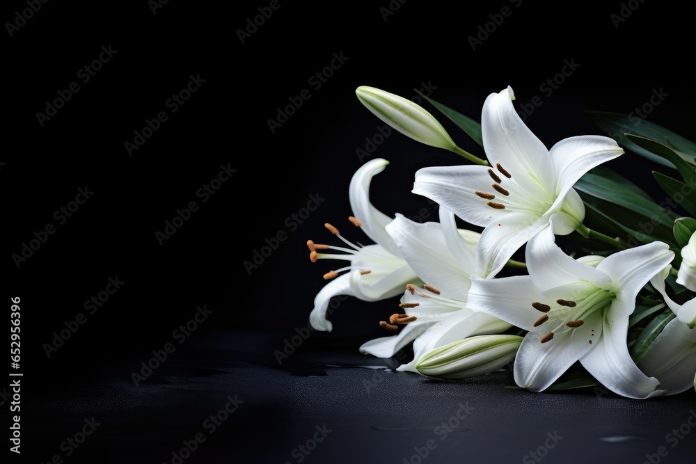 Fototapeta premium This bouquet of white lilies is placed on a black background with copy space.Generative AI