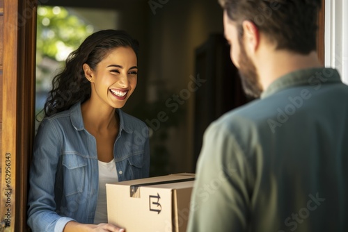 Fotótapéta This is a scene of a young woman receiving a parcel from a delivery man at home, with a focus on the woman