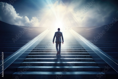 This businessman stands courageously on the stairs going up to the bright sky.   Generative AI © lee