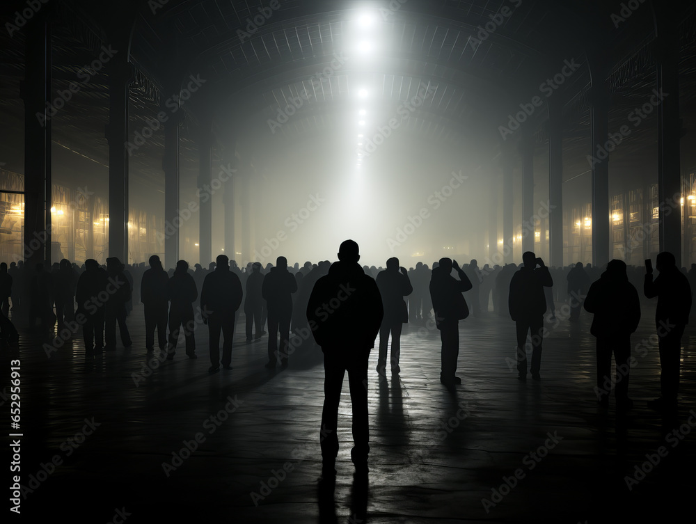 Silhouette of a man walking in the foggy city at night. Generative AI