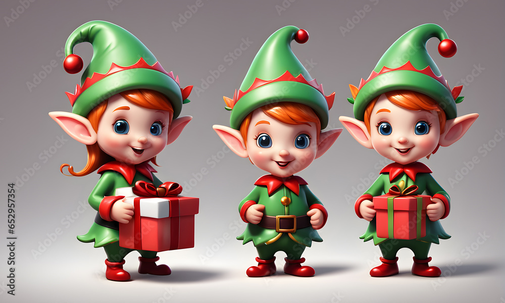 Obraz premium Cute 3D Christmas Elves Art Animated Graphic, Invitation Card Banner Website Design Background - ai generated