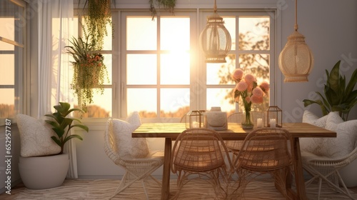 Plants and rug in natural dining room interior with white chairs and table under lamp. Real photo