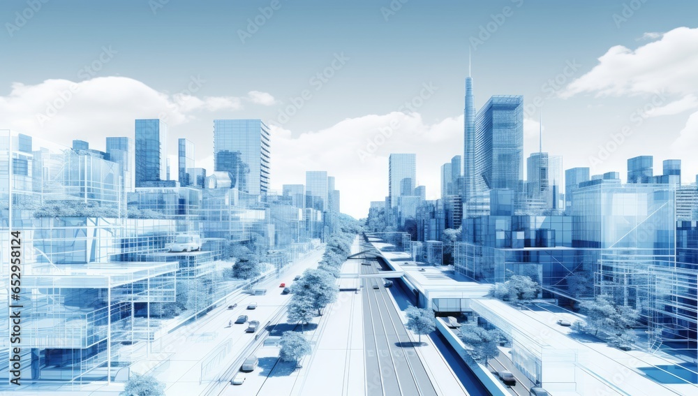  A Detailed 3D Illustration Depicting Urban Planning and Street Design, Showcasing Modern Architecture and Transportation Infrastructure in a Metropolis - obrazy, fototapety, plakaty 