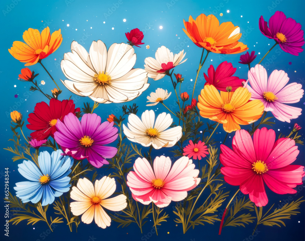 Colorful cosmos flowers wallpaper and blue gradient background. Generative AI