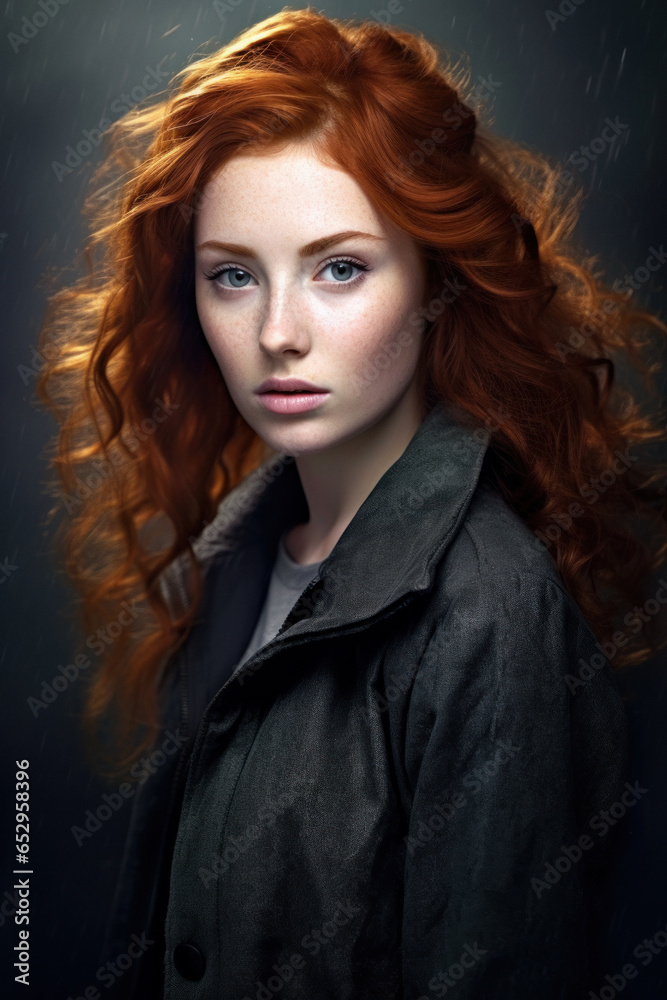 beautiful happy gorgeous red-haired girl with blowing hair and flying flowers. beauty concept beautiful happy gorgeous red-haired girl with blowing hair and flying flowers. beauty concept