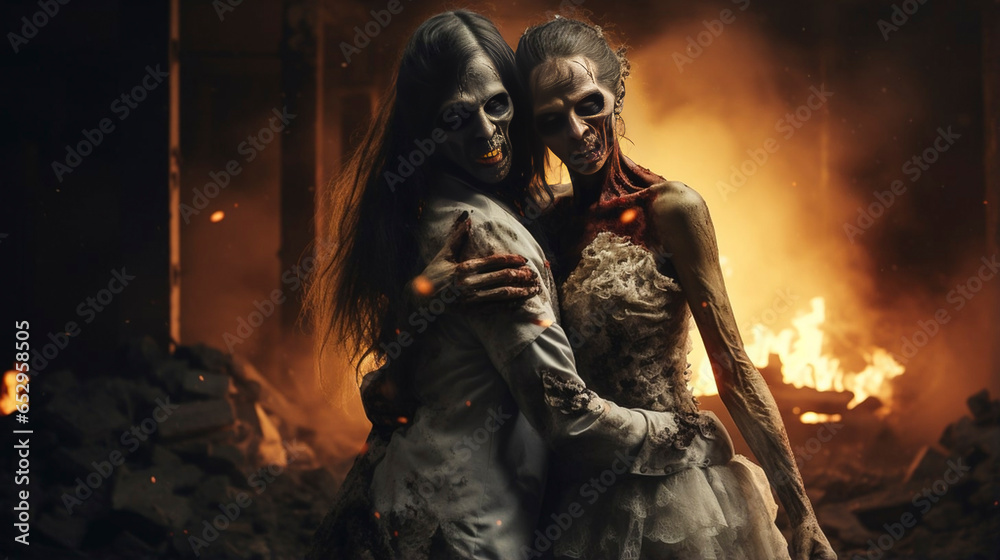 stockphoto, copy space, Apocalypse fantasy zombie marriage. Halloween concept. Halloween zombie couple, skeleton and skull. Creepy couple in love.