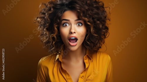 a beautiful woman expressing surprise and shock emotion with her mouth open and big wide open eyes. soft background.