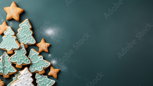 Traditional gingerbread cookie Christmas tree. Homemade sweet decorated biscuits with icing photo