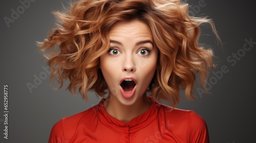 a beautiful woman expressing surprise and shock emotion with her mouth open and big wide open eyes. soft background.