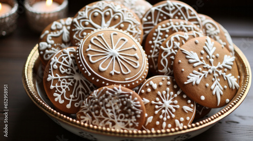 Traditional Christmas cookies. Homemade sweet decorated gingerbread biscuits with icing