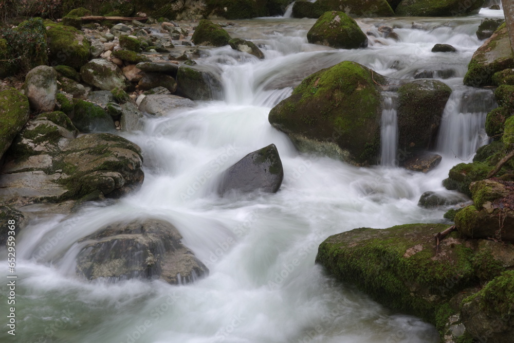 Ruisseau s'écoulant entre des rochers recouverts de mousses en Savoie dans les Alpes du Nord (France) Ruisseau s'écoulant entre des rochers recouverts de mousses en Savoie dans les Alpes du Nord (France)