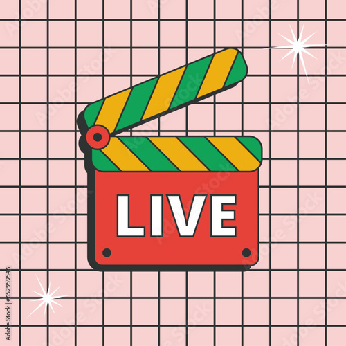 Clapperboard with live text, online broadcast. Playful and fun, trendy retro 80s and 90s cartoon style.