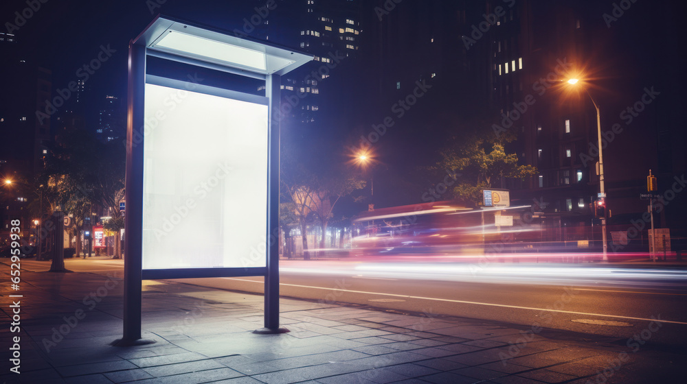 Blank Billboard Digital Mockup at City Bus Stop at Night. Urban Blank Mock Up Advertisement. Generative AI