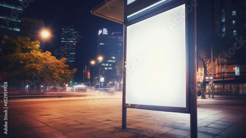Blank Billboard Ad Mock Up at City Bus Stop. Urban Night Ad Canvas. Generative AI