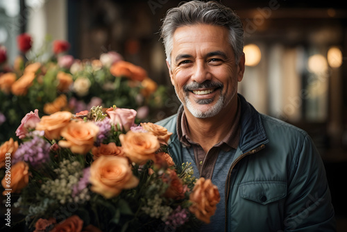 smiling handsome middleaged man holding a beautiful bouquet of flowers in a flower shop

 #652960333