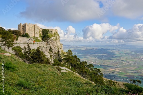 Landscape with Castello di Venere in Erice, Sicily, Italy and rocky mountain Monte Erice at sunset