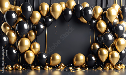 Black Gold Balloons Backdrop 3D Art Animated Graphic, Celebration Photography Party Design Background - ai generated
