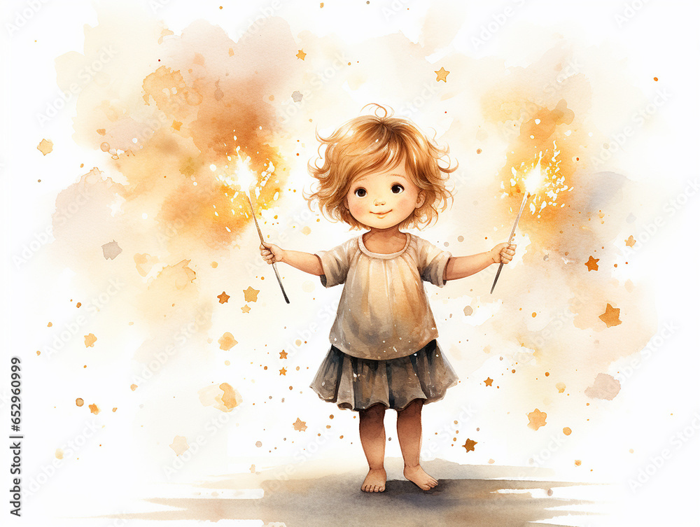 Fototapeta premium Beautiful sweet little girl with sparkler in cloud of magical sparkles. Fairy tale illustration for card, website, wallpaper, background. Christmas time, festive or birthday theme