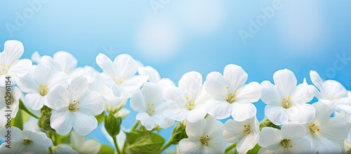 Soft artistic image of white primroses in a spring forest on a blurred blue background with space for text