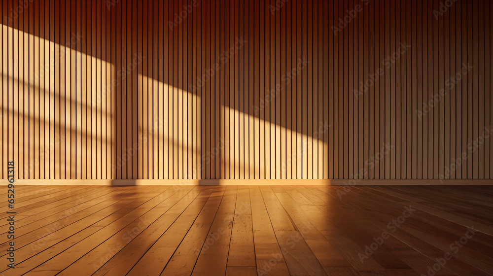 Aesthetic Serenity, Empty Room with Sunlight and Shadows on a Wood Panel Wall, Generative AI Aesthetic Serenity, Empty Room with Sunlight and Shadows on a Wood Panel Wall, Generative AI