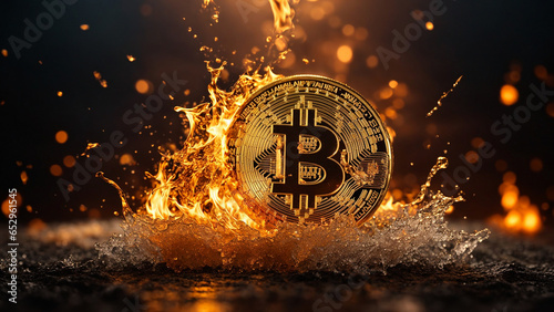 Golden bitcoin coin in fire flame, water splashes and lightning. Bitcoin Gold blockchain hard fork concept. Cryptocurrency symbol background. (Productive AI)