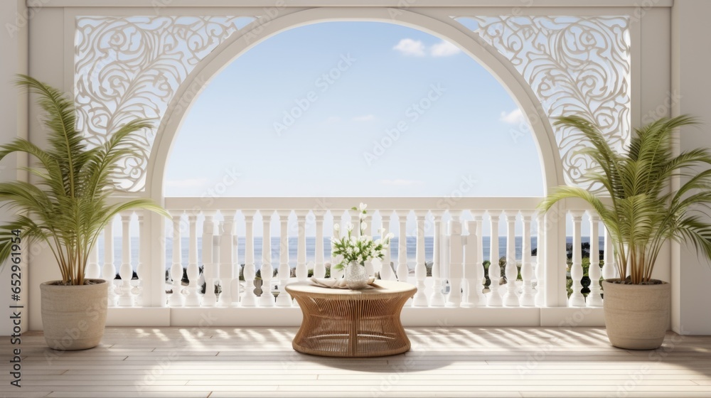 Fototapeta premium A balcony with a table and potted plants