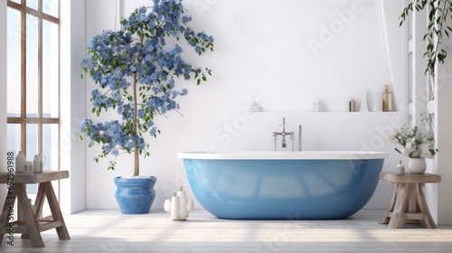 A bathroom with a blue tub and a plant in the corner