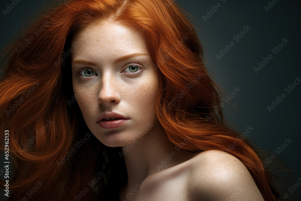 Obraz premium Close up of a Luxury portrait of a beautiful woman with Red hair and a black background.