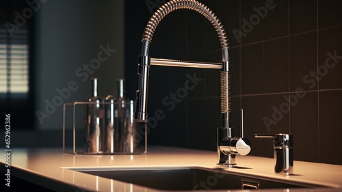 Close-up shot of water tap in modern luxury kitchen. Built-in sink  curved chrome faucet. Beautiful dramatic light  blurred background. Contemporary interior design. 3D rendering.