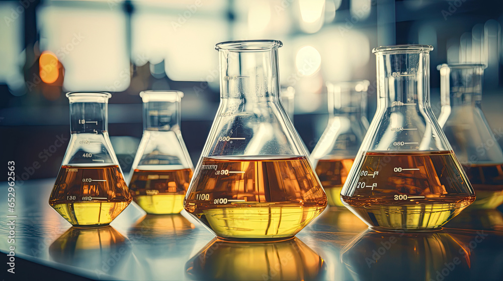 Oil dropping, Chemical reagent mixing, Laboratory and science experiments, Formulating the chemical for medical research, Quality control of petroleum industry products concept. - obrazy, fototapety, plakaty 