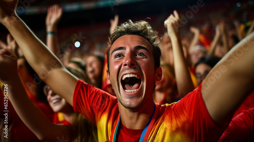 Passion erupts in a whirlwind of red and yellow. The Spanish team's victory dance, a symphony of exultant joy and boundless camaraderie.