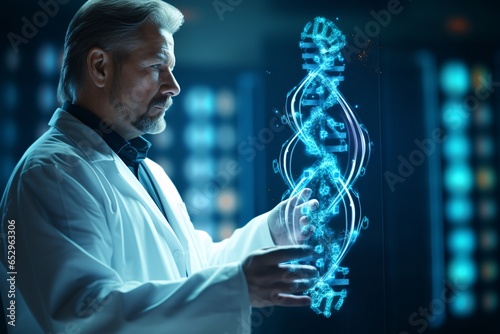 Medicine Doctor Holding Blue Helix DNA Structure on Hologram Modern Virtual Screen Interface and Diagnose Healthcare on Digital Network