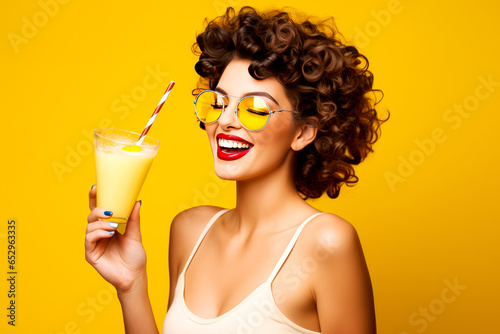 Portrait of a beautiful young woman in sunglasses holding a glass of juice over yellow background.