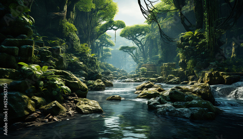 Nature beauty in a tropical rainforest: green trees, flowing water generated by AI