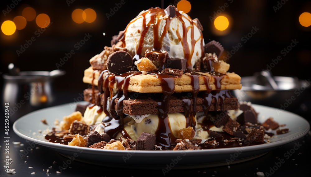 A stack of homemade waffles with chocolate sauce and whipped cream generated by AI